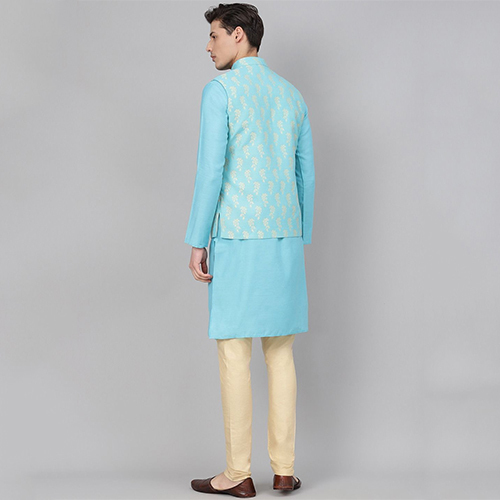 Cotton Blend Blue Stitched Kurta And Churidar Pyjama With Jacket