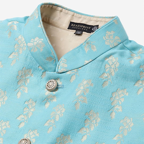 Cotton Blend Blue Stitched Kurta And Churidar Pyjama With Jacket