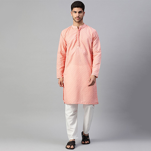 Mens Peach Straight Cotton Kurta With Pajama