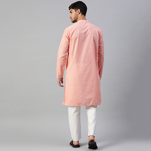 Mens Peach Straight Cotton Kurta With Pajama