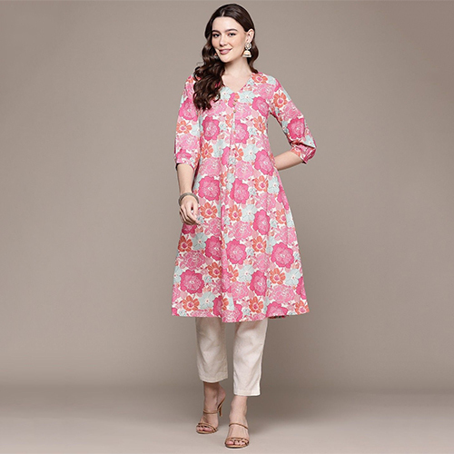 A Line Style Cotton Fabric Pink Kurta With Bottom
