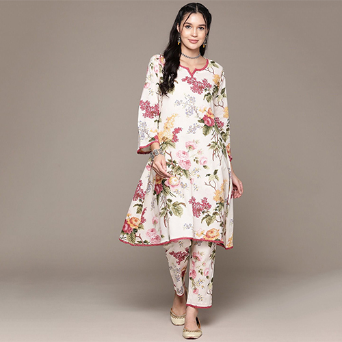A Line Style Cotton Fabric Off White Kurta With Bottom