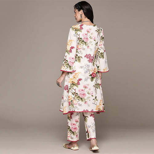 A Line Style Cotton Fabric Off White Kurta With Bottom
