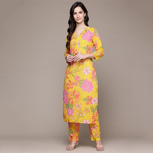 Straight Style Cotton Fabric Yellow Kurta And Bottom