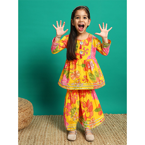 Straight Style Cotton Fabric Yellow Kurta And Bottom