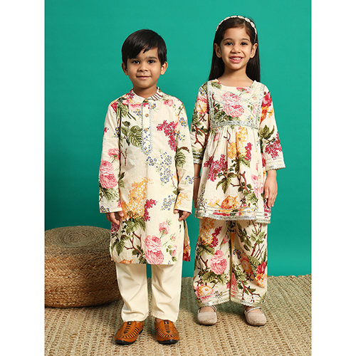 Boys Straight Style Cotton Fabric Cream Kurta And Pyjama