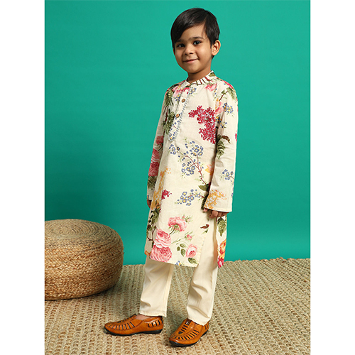 Boys Straight Style Cotton Fabric Cream Kurta And Pyjama