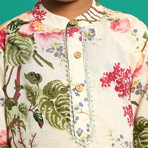 Boys Straight Style Cotton Fabric Cream Kurta And Pyjama