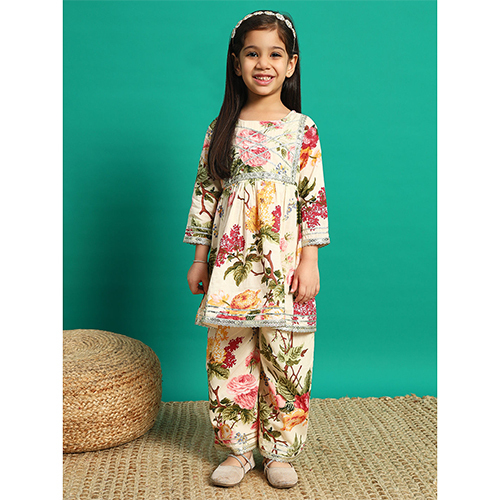 Frock Style Cotton Fabric Cream Kurti With Palazzo