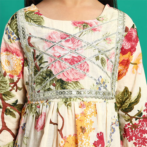Frock Style Cotton Fabric Cream Kurti With Palazzo