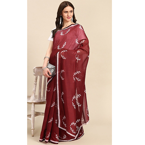 Silk Cotton Fabric Maroon Saree With Blouse Piece