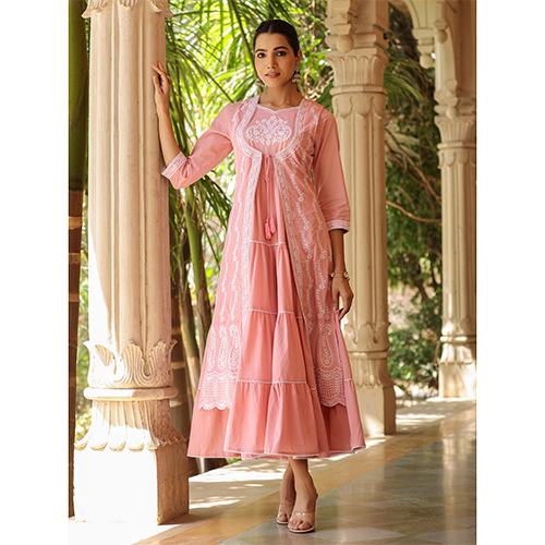 Tiered Style Cotton Fabric Pink Maxi Dress