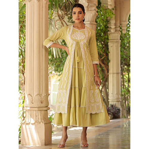 Tiered Style Cotton Fabric Green Maxi Dress