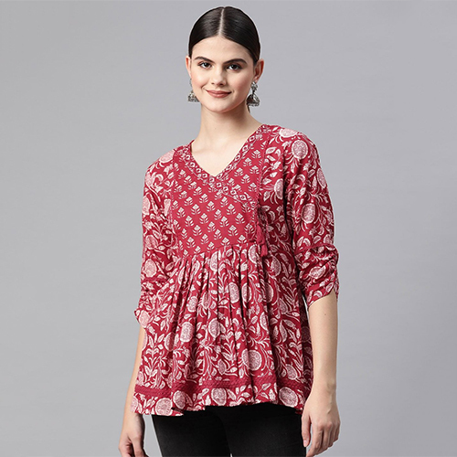 Peplum Style Cotton Fabric Red Short Kurti
