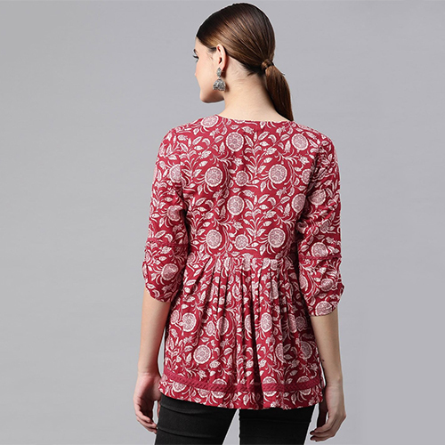 Peplum Style Cotton Fabric Red Short Kurti
