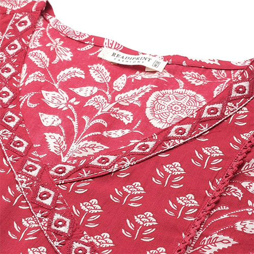 Peplum Style Cotton Fabric Red Short Kurti