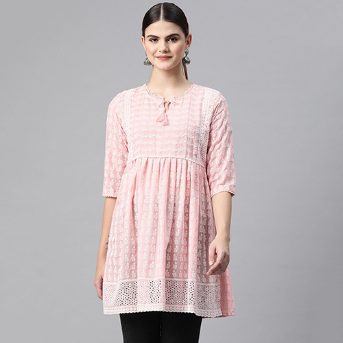 Peplum Style Cotton Fabric Pink Short Kurti