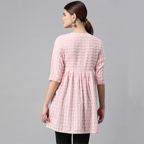 Peplum Style Cotton Fabric Pink Short Kurti