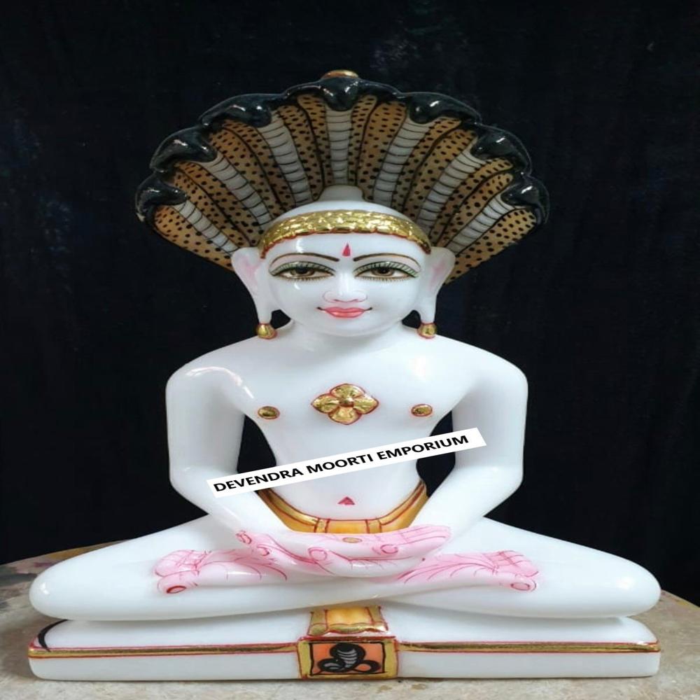 Marble Parshwnanath Fana Bhagwan Statue - Color: White
