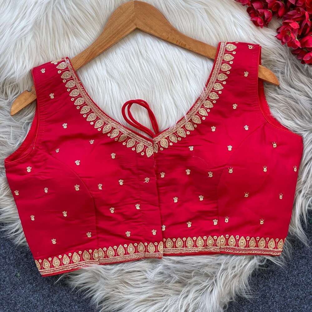Designer Silk Blouse - Silk & Roman Silk, 15 Inch Length, Bust Size 32-36 Inch, Rich Red Color, Embroidered, Sleeveless, V-neck, All Season Wear