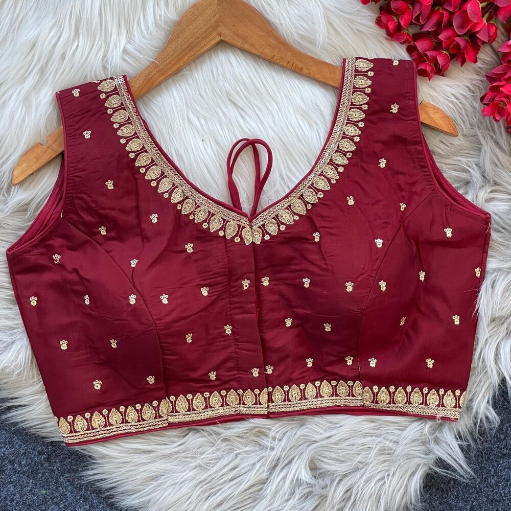 Designer Silk Blouse - Silk & Roman Silk, 15 Inch Length, Bust Size 32-36 Inch, Rich Red Color, Embroidered, Sleeveless, V-neck, All Season Wear