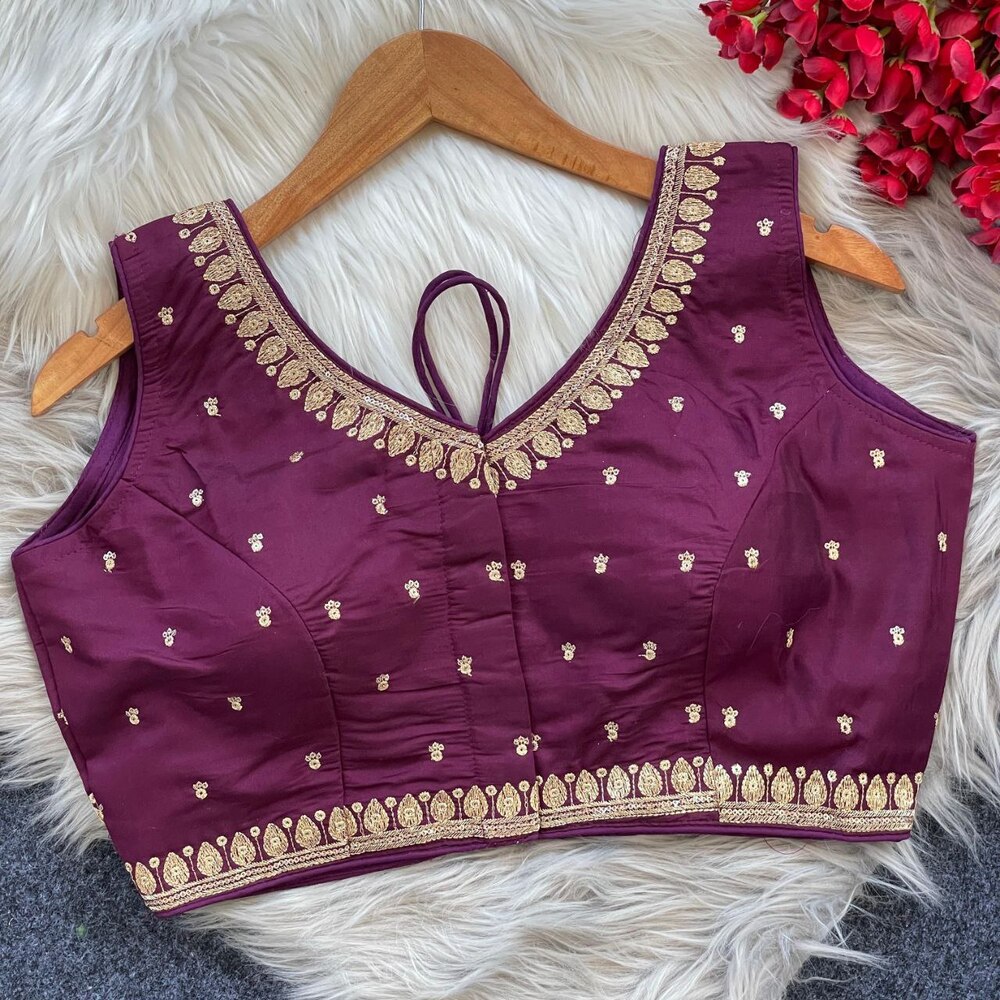 Designer Silk Blouse - Silk & Roman Silk, 15 Inch Length, Bust Size 32-36 Inch, Rich Red Color, Embroidered, Sleeveless, V-neck, All Season Wear