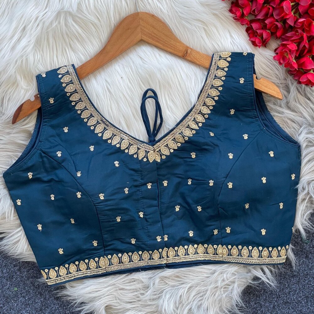 Designer Silk Blouse - Silk & Roman Silk, 15 Inch Length, Bust Size 32-36 Inch, Rich Red Color, Embroidered, Sleeveless, V-neck, All Season Wear