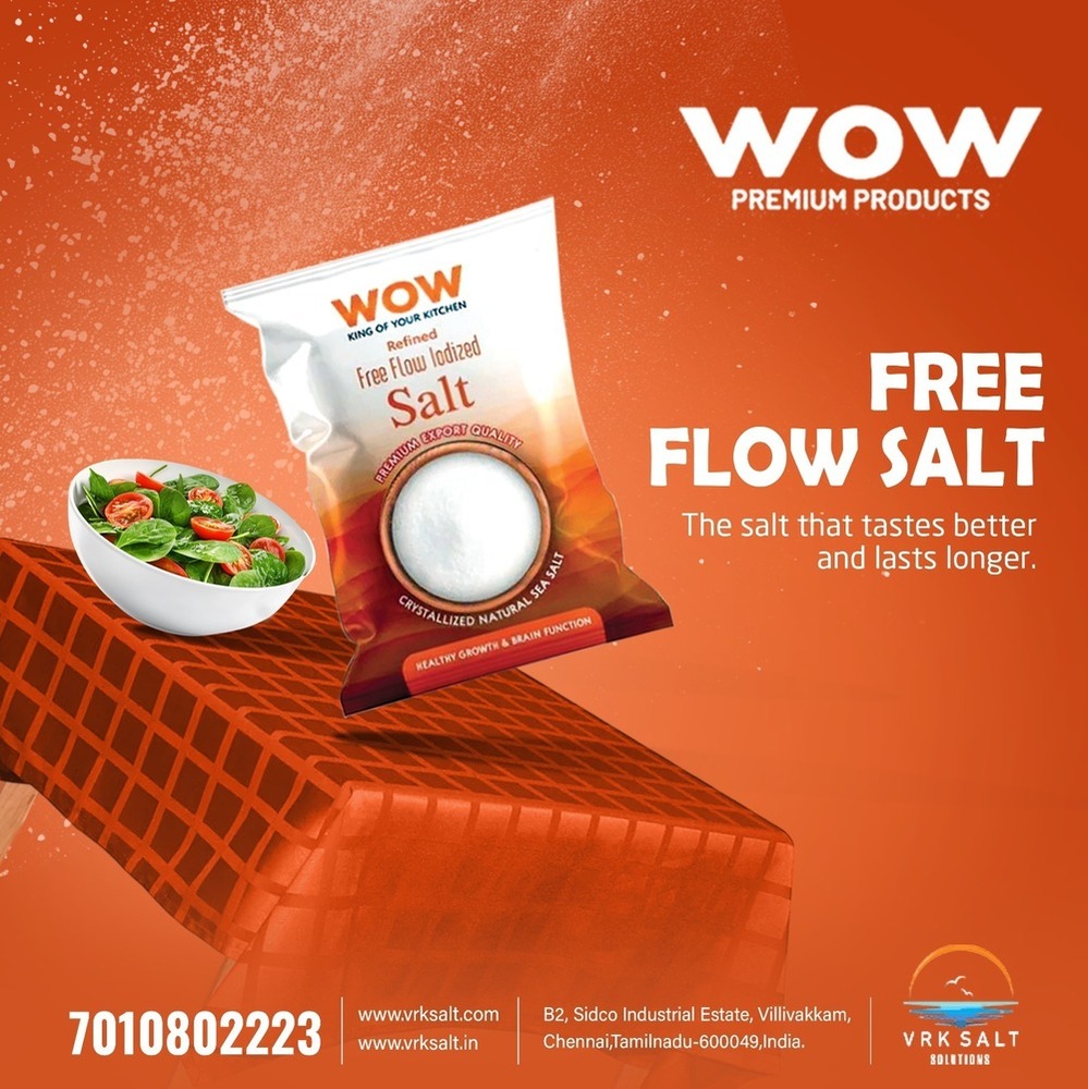 Wow Refined Free Flow Iodized Salt - 99% Pure Nil Moisture Content White Color | Ideal For Cooking & Baking Easy To Sprinkle And Dissolve