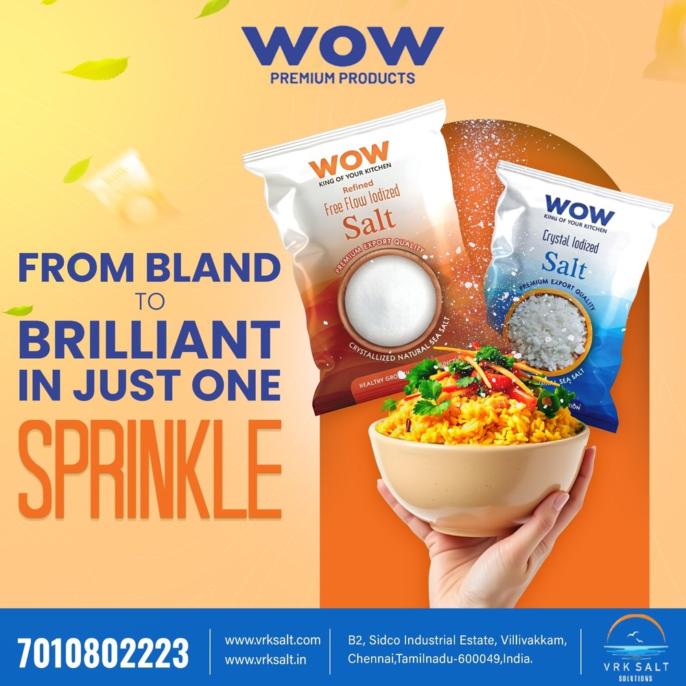 Wow Refined Free Flow Iodized Salt - 99% Pure Nil Moisture Content White Color | Ideal For Cooking & Baking Easy To Sprinkle And Dissolve