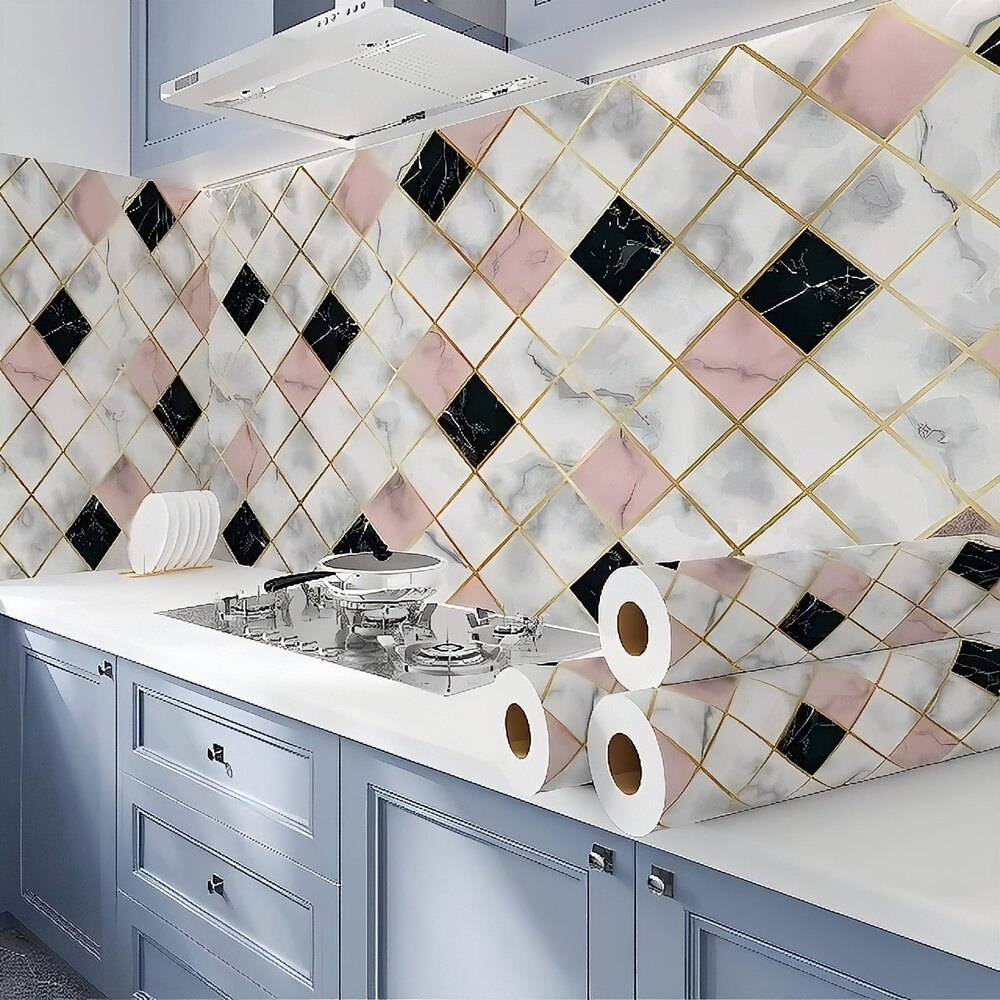 Self Adhesive Marble Wallpaper Checks Design Peel And Stick Wall Paper - Material: Vinyl