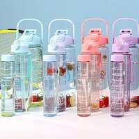 Transparent Water Bottle 3pcs Set - Tritan Co-polyester , 2l, 900ml, 300ml | Leakproof, Motivational Time Markings, Ergonomic Design, Bpa-free