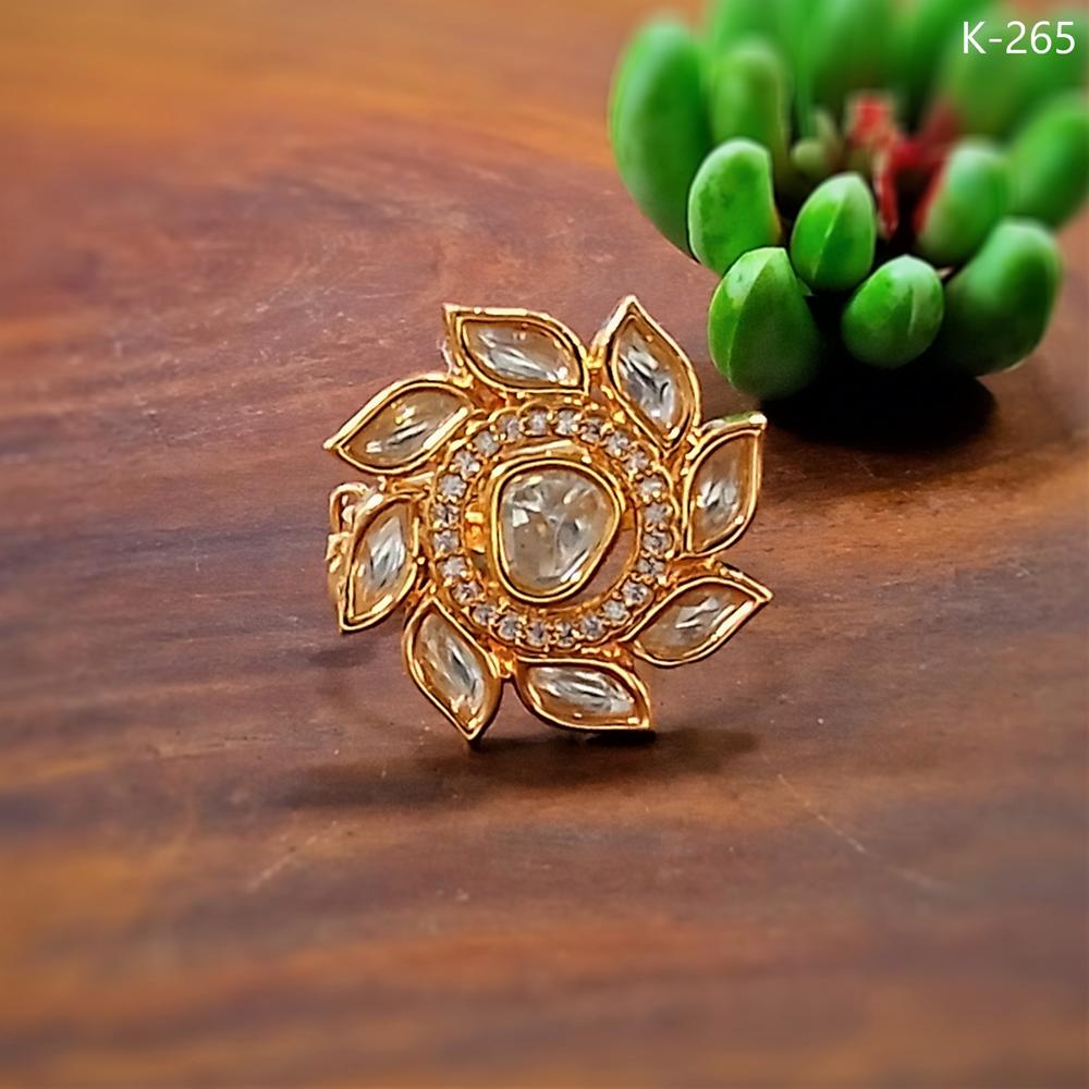 Gold-Plated Kundan Finger Rings - Brass Material, Free Size , All Colors Available, Ideal for All Occasions including Engagement and Weddings