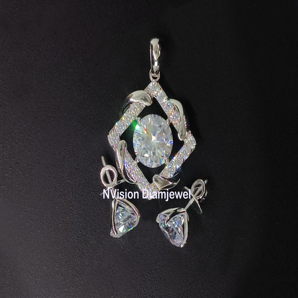 14KT White Gold Big Size Lab Grown Solitaire Pendant with Earrings