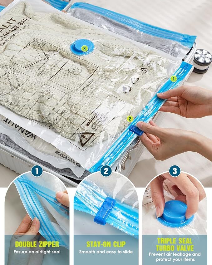 Vacuum Storage Bags for Travel, 8 Pack (4S+4XS) Vacuum Seal Bags with Wireless Rechargeable Electric Pump
