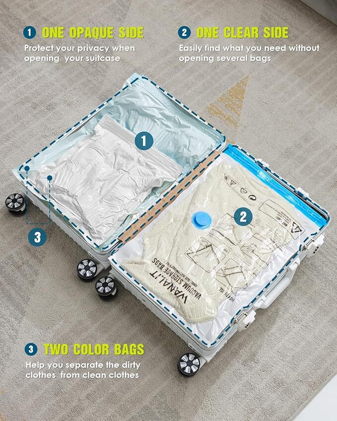 Vacuum Storage Bags for Travel, 8 Pack (4S+4XS) Vacuum Seal Bags with Wireless Rechargeable Electric Pump