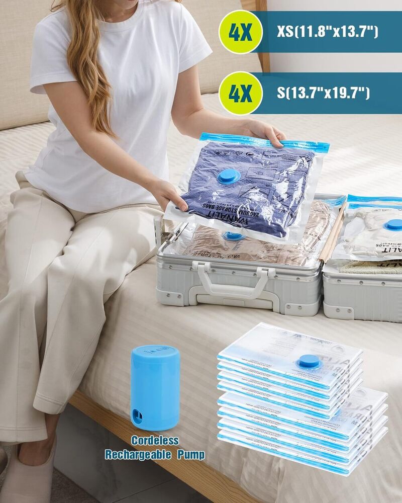 Vacuum Storage Bags for Travel, 8 Pack (4S+4XS) Vacuum Seal Bags with Wireless Rechargeable Electric Pump
