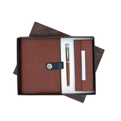 3 In 1 Tan Leatherette Notebook Gift Set - Color: Brown