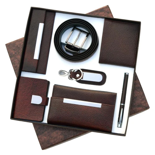 7 In 1 Brown Genuine Leather Gift Set - Features: High Quality