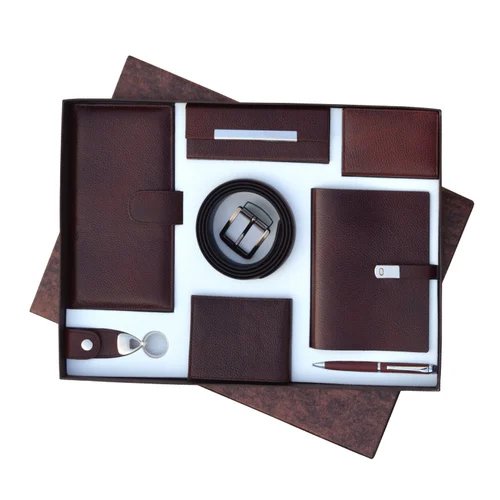 8 In 1 Brown Genuine Leather Gift Set - Features: High Quality