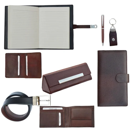 8 In 1 Brown Genuine Leather Gift Set - Features: High Quality at