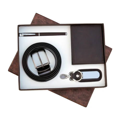 4 In 1 Brown Reversible Belt Premium Leatherette Gift Box Set - Features: High Quality