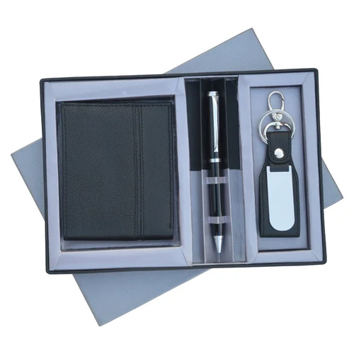 2-in-1 Gift Combo of Key Ring And Pen - Leather, Metal | Black Color, Smooth Finish, Plain Pattern, Ideal for Corporate Gifting
