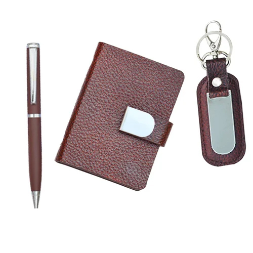 3 In 1 Brown Genuine Leather Gift Set - Occasion: Any