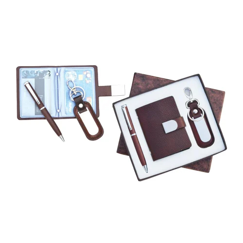 3 In 1 Brown Genuine Leather Gift Set - Occasion: Any