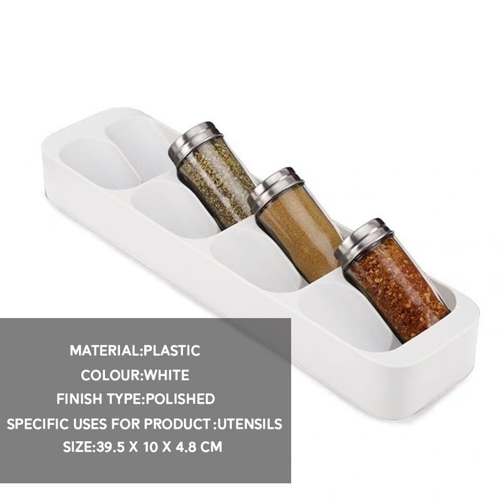 Spice Insert Drawer, Countertop 8 Grids Spice Rack Dining, Spice Storage For Kitchen |39.5 X 10 X 4.8 Cm | White | Plastic, Tiered Shelf - Feature: Eco-friendly