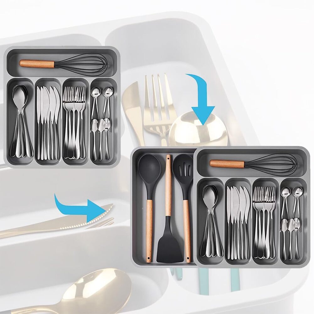 5 Grid Cutlery Tray Organizer, Expandable Kitchen Drawer And Utensil Holder, Adjustable Large Kitchen Tool |34.5 X 52.5 X 5 Cm | Plastic - Feature: Good Quality