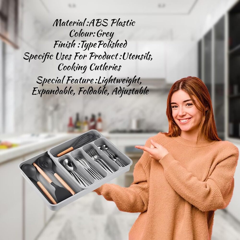 5 Grid Cutlery Tray Organizer, Expandable Kitchen Drawer And Utensil Holder, Adjustable Large Kitchen Tool |34.5 X 52.5 X 5 Cm | Plastic - Feature: Good Quality