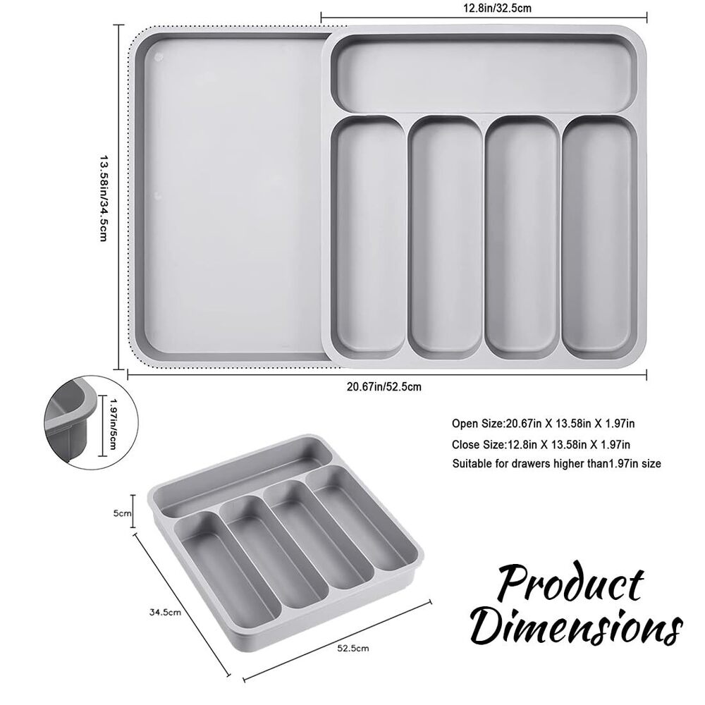5 Grid Cutlery Tray Organizer, Expandable Kitchen Drawer And Utensil Holder, Adjustable Large Kitchen Tool |34.5 X 52.5 X 5 Cm | Plastic - Feature: Good Quality