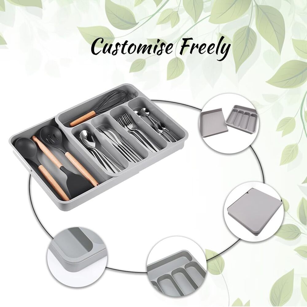 5 Grid Cutlery Tray Organizer, Expandable Kitchen Drawer And Utensil Holder, Adjustable Large Kitchen Tool |34.5 X 52.5 X 5 Cm | Plastic - Feature: Good Quality