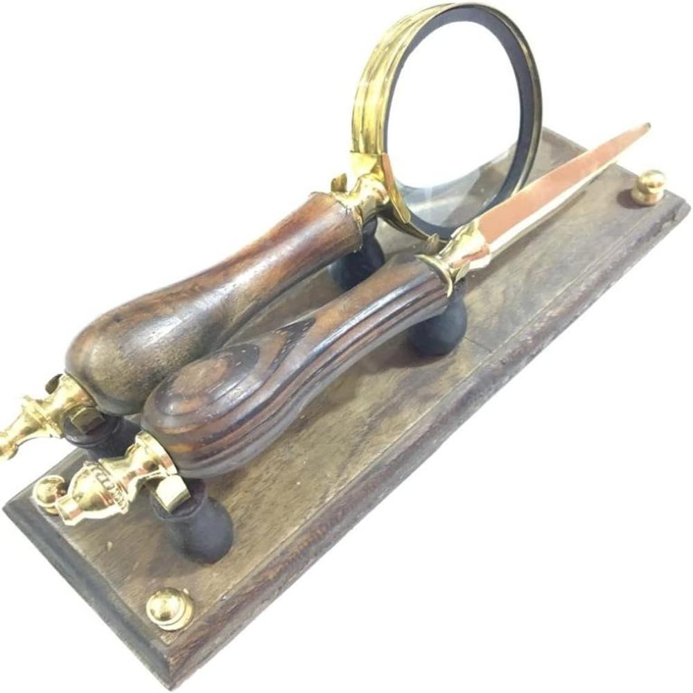Brass Magnifying Glass With Letter Opener On Wooden Base Ideal For Reading Stamp And Coin Collectors - Features: Good Quality